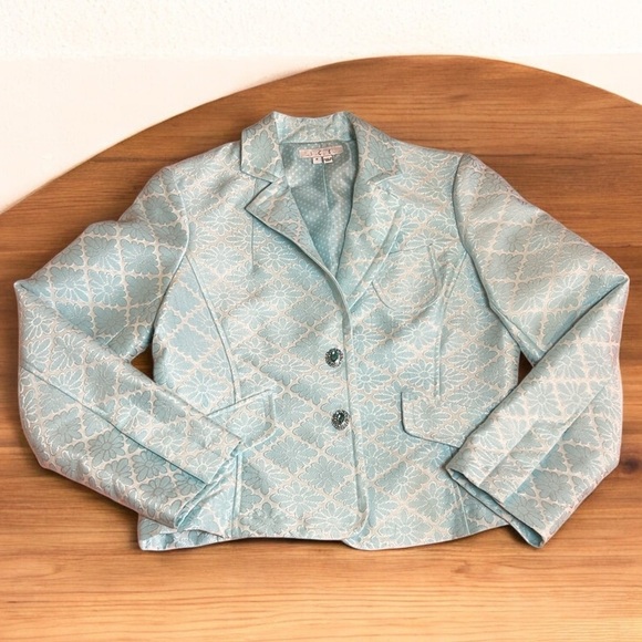 Ice Light Blue Jacquard Floral Blazer with Rhinestone Snap Buttons size 8 - Picture 8 of 16